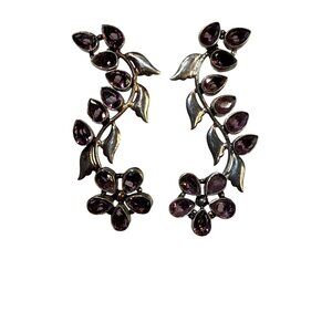 Vintage Pewter Floral Earrings Purple Glass Stones Elongated Trailing Design